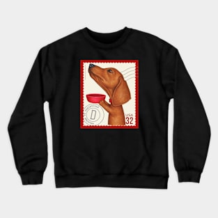 Cute dachshund wants another treat on vintage stamp Crewneck Sweatshirt